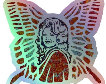 May include: A colorful butterfly sticker with a woman's face in the center. The butterfly wings are outlined in black and have a distressed, grunge-like texture. The woman's face is also outlined in black and has a distressed, grunge-like texture. The sticker is iridescent and has a holographic effect.