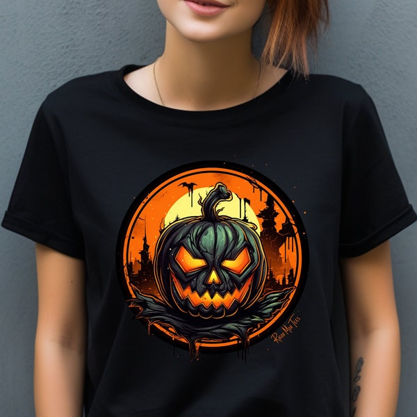 Pumpkin Horror Tee Jackolantern Full Moon Tshirt Halloween Gift Shirt Glowing Pumpkin Edgy T Shirt Fall Gift Tee Lit Fire Pumpkin Tshirt