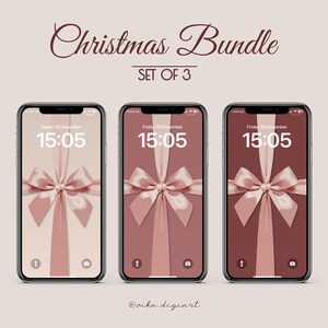 May include: Three smartphones displaying a Christmas Bundle wallpaper set. Each phone shows a different shade of pink and red with a bow and ribbon design. The time is 15:05 on Friday, December 19th. The text "Christmas Bundle" and "Set of 3" are visible.