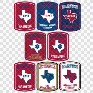 May include: A collection of eight rectangular patches with rounded corners, each featuring a map of Texas. The patches display various titles including EMT, Paramedic, AEMT, and Emergency Medical Technician, along with the Texas Department of State Health Services text.