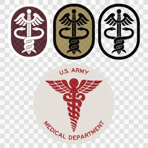 Könnte beinhalten: Drei ovale Aufnäher mit einem Caduceus-Symbol und einem Schwert in den Farben Kastanienbraun, Beige und Schwarz. Darunter befindet sich ein runder Aufnäher mit einem roten Caduceus-Emblem und dem Text U.S. ARMY MEDICAL DEPARTMENT auf hellgrau.