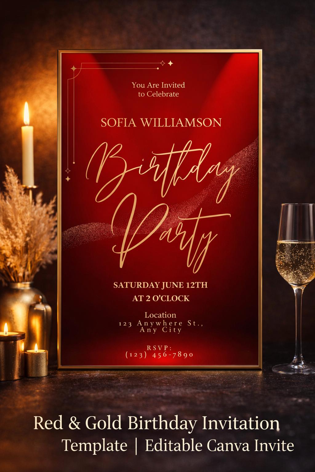 Red Gold Birthday Invitation Template: Elegant Adult Party Invite (5x7 ...