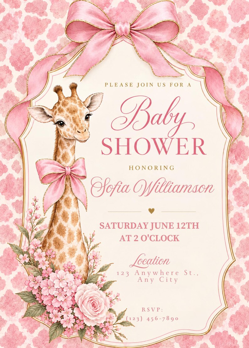 Pink Giraffe Baby Shower Invitation Template - Etsy