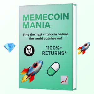 Könnte beinhalten: Ein grüner Buchumschlag mit dem Titel "MEMECOIN MANIA" und dem Text "Find the next viral coin before the world catches on! 1100%+ RETURNS*" in weißer Schrift. Auf dem Umschlag sind eine Rakete, eine Pille und ein roter Pfeil nach oben zu sehen.