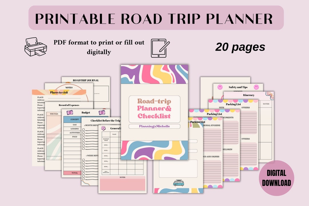 Printable Road Trip Planner & Checklist, Retro Style, Digital Travel ...
