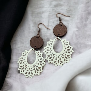 Vintage Hollow Abstract Leaf Shape Wood and Vegan Leather Drop Dangle Earrings for Women