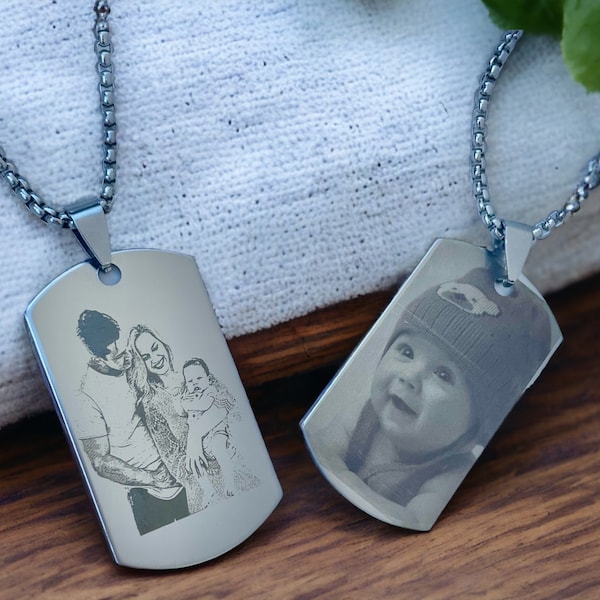 Collier personnalisé avec votre image personnalisée, collier gravé Dog Tag pendentif, pendentifs photo personnalisés pour cadeaux anniversaire cadeau père