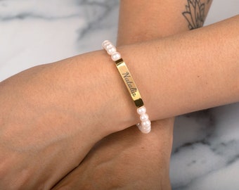 Personalized Engraved  Bracelet for Women Gold Bar Bracelet  Pearl Engravable Stretch Curved Bar Bracelet Friendship Custom beaded Bracelet