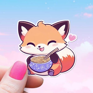 Pegatina de zorro comiendo ramen, estilo chibi icónico, zorro bebé comiendo fideos, dulce caricatura kawaii, para botella de agua, portátil, Kindle nerd