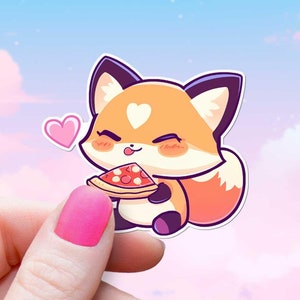 Bonita pegatina de zorro comiendo pizza, estilo icónico de Chibi, zorro bebé, caricatura dulce kawaii, botella de agua, portátil, nerd, Kindle