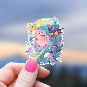 Forest Elf Girl Sticker Woodland Nature Girl Decal Anime Kawaii Druid Fantasy Art Lover DnD Whimsical Dryad Apothecary Nymph Oak Wildflowers