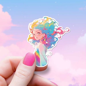 愛らしいレインボーヘアの女の子のステッカー かわいい美的ビニールデカール ファンタジー アニメアート かわいいキャラクター 気まぐれな星 ノートパソコン ウォーターボトル タンブラー