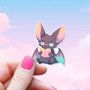 Sticker mignon chauve-souris lisant un livre, sticker esthétique kawaii livresque personnage Anime Chibi style lecteur d'art fille ordinateur portable Kindle étanche téléphone