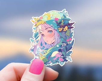 Forest Elf Girl Sticker Woodland Nature Girl Decal Anime Kawaii Druid Fantasy Art Lover DnD Whimsical Dryad Apothecary Nymph Oak Wildflowers