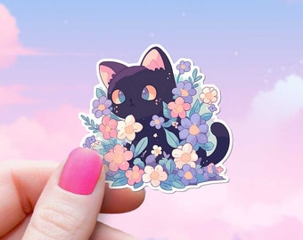 Black Cat in Flowers Sticker, Cute Kawaii Aesthetic Decal, Kitty Lovers Anime Chibi Style Feline Art, Water Bottle Laptop Kindle, Waterproof