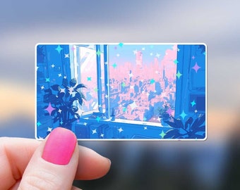 Lo-fi Open Window Plants Sticker Vaporwave Aesthetic Holographic Stars Decal Anime Sparkle Japanese House Plant Dreamy Chill Vibes Cityscape