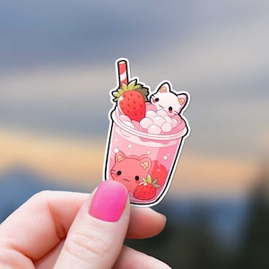 Boba Strawberry Cat Sticker Kitty Bubble Tea Decal Cute Anime Drinks Kawaii For Girls Kids Journal Phone Case Kindle Tumble Water Bottle
