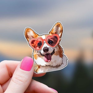 Corgis mit Herz Brille Aufkleber, süßer Hund, K9 Aufkleber, Hundeliebhaber, entzückender Wasserflasche Aufkleber, Laptop, Becher, Kindle, Telefon Aufkleber