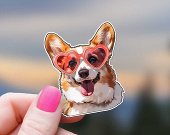 ハートメガネのコーギーのステッカー、かわいい犬、K9 ステッカー、犬好き、かわいいウォーターボトル ステッカー、ノートパソコン、タンブラー、Kindle、電話用デカール