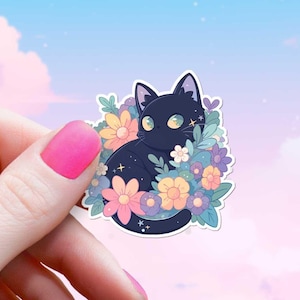 Schwarze Katze in den Blumen-Sternenaufkleber, niedlicher Kawaii ästhetischer Aufkleber, Kitty-Liebhaber Anime Chibi Feline Art, Wasserflasche Laptop Kindle, wasserdicht
