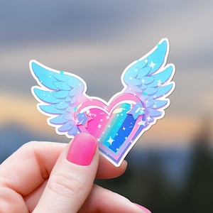 Gevleugeld regenbooghart met glitters schattig kawaii glitter engel pastel girly zoete anime holografische sterren vliegend hart liefde laptop waterfles