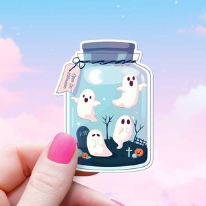 Sticker cimetière fantôme dans un bocal, sticker esthétique kawaii mignon effrayant Halloween dessin animé style art ordinateur portable Kindle bouteille d'eau en vinyle imperméable à l'eau