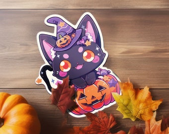 Halloween Cat Sticker, Cute Anime Stars, Jack-o-Lantern, Witch Cat Kawaii Style Kitty Pumpkin Purple Orange