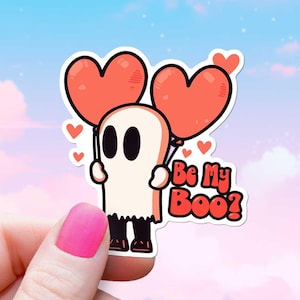 Sticker Be My Boo Ghost, schattige geest met hartballonnen, spookachtige valentijnssticker, liefdescadeau voor kaarten of scrapbookingateliers, vinyl waterdicht