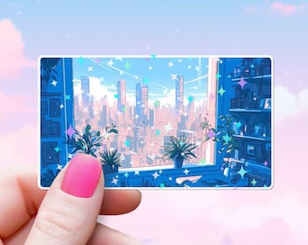 Pegatinas de plantas para ventanas de baja fidelidad, estética vaporwave, estrellas holográficas, calcomanía de anime con brillo, animación japonesa, plantas de interior, vibraciones de ensueño, ciudad urbana