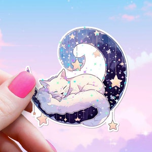 Celestial Cat Nap Sparkly Sticker, Pastel Moon, Cute White Kitty w/ Stars Decal, Holographic Glitter Aesthetic Girly Gift Waterproof Vinyl
