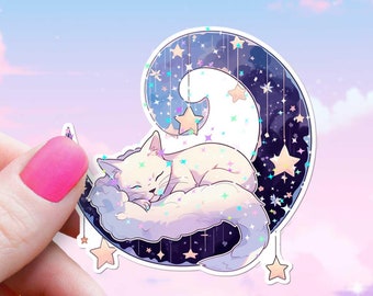 Celestial Cat Nap Sparkly Sticker, Pastel Moon, Cute White Kitty w/ Stars Decal, Holographic Glitter Aesthetic Girly Gift Waterproof Vinyl