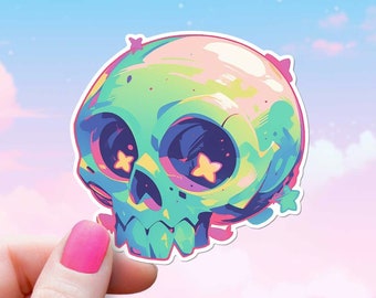 Pastel Goth Skull Sticker Cute Kawaii Aesthetic Decal Creepy Death with Stars Spooky Anime Chibi Style Art Poison Water Bottle Laptop Kindle