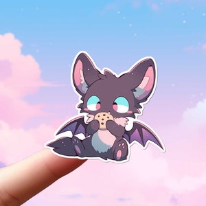 Sticker chauve-souris mignonne mangeant des biscuits aux pépites de chocolat, sticker esthétique kawaii collations, personnage anime art chibi art pour ordinateur portable Kindle vinyle imperméable à l'eau