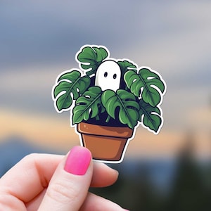 Spoken in potplant sticker leuke Halloween kamerplant geesten decoratie monstera plant decor botanische plantenliefhebbers spooky vinyl decal