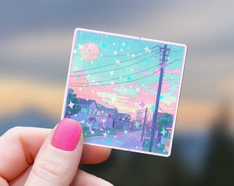 Pegatinas de anime con líneas eléctricas de baja fidelidad, puesta de sol, nubes rosas, estrellas holográficas, estética vaporwave, botella de agua brillante, vibraciones de ensueño, purpurina