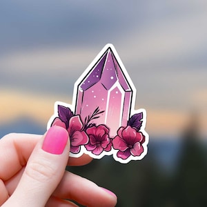 Crystal With Flowers Sticker Witchy Rose Quartz Decal Spooky Mystical Pink Laptop Decoration Oddities Tarot Gift Magical Girl Dark Academia