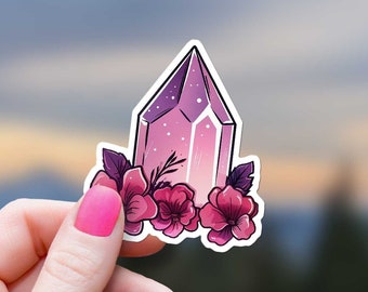 Crystal With Flowers Sticker Witchy Rose Quartz Decal Spooky Mystical Pink Laptop Decoration Oddities Tarot Gift Magical Girl Dark Academia