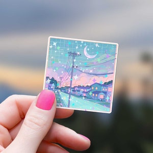 Lo-fi Power Lines Crescent Moon Anime Sticker Vaporwave Aesthetic Holographic Stars Decal Sparkle Japanese Water Bottle Dreamy Vibes Vinyl