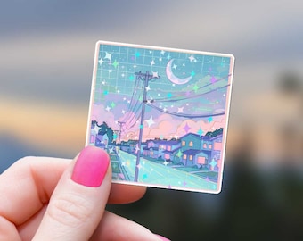 Pegatina de anime de luna creciente con líneas eléctricas de baja fidelidad, calcomanía de estrellas holográficas estéticas de vaporwave, botella de agua japonesa brillante, vibraciones de ensueño de vinilo
