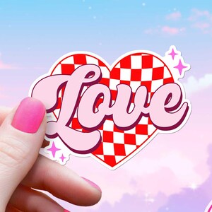 Sticker geruit hartliefde, retro tweekleurige zelfliefde, sprankelende valentijnssticker, holografisch cadeau voor kaarten of scrapbook, waterdicht