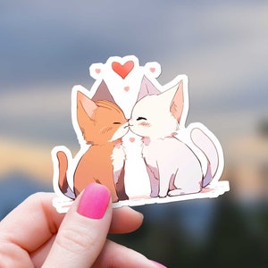 Kissing Cats Sticker, 3.25" Cute Kitty With Heart, Anime Feline Sticker, Cat Lovers, Cartoon, Water Bottle Sticker, Laptop Sticker, Kindle