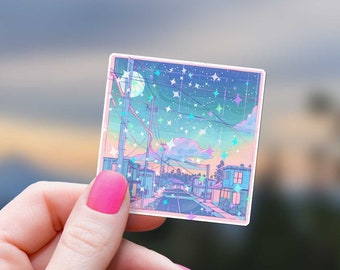 Pegatina de paisaje de baja fidelidad con diseño de anime, estética vaporwave, estrellas holográficas, calcomanía con brillo pastel, animación japonesa, botella de agua, vibraciones de ensueño, vinilo
