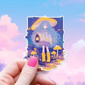 Mushroom Forest Girl Sticker Woodland Nature Fantasy Decal Kawaii Anime Art Cute Yellow Boots Fungi Forager Print Pastel Spring Wildflowers