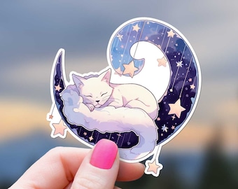 Celestial Cat Nap Sticker, Galaxy Dreamy Anime Sparkle Blue Aesthetic Stars Kitty in Clouds, Glossy Waterproof Lunar Cosmic Twilight Cute