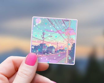 Pegatina de anime con nubes anaranjadas y puesta de sol de farola de baja fidelidad, estrellas holográficas estéticas de vaporwave, botella de agua brillante, vibraciones de ensueño, purpurina