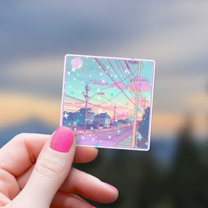 Lo-fi Street Light Sunset Orange Clouds Anime Sticker Vaporwave Aesthetic Holographic Stars Decal Sparkle Water Bottle Dreamy Vibes Glitter