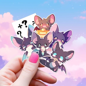 Cute Bats Eating Sticker Set Kawaii Aesthetic Decal 6 Pack Adorable Character Anime Chibi Style Snacks Laptop Kindle Waterproof Vinyl Bundle