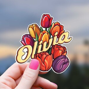 Personalizado abril mes de nacimiento flor pegatina tulipanes impermeable amante de la naturaleza regalo para niña flor niña regalo de cumpleaños regalo personalizado