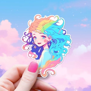 愛らしいレインボーヘアの女の子のステッカー かわいい美的ビニールデカール ファンタジー アニメアート かわいいキャラクター 気まぐれな星 ノートパソコン ウォーターボトル タンブラー