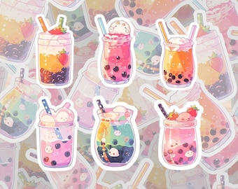 Boba Tea Stickers Set 2 Bubble Tea Pack 2.5" Cute Anime Drinks Stickers Set Boba Tea Bundle Stickers For Kids Journal Stickers Sheet
